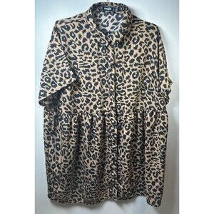 Missguided Leopard Shirt Dress Womens 14 Tan Black Button Front Chic Boho Style